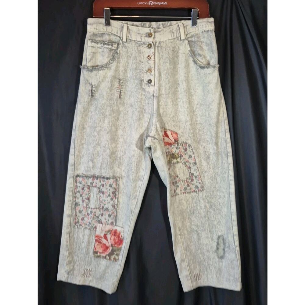 Paper Lace Light Gray Pink Floral Patchwork Cotton Pants Jeans Medium - Picture 2 of 10